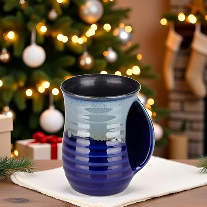 Hand Warmer Mug for Coffee Handmade Pottery (UPGRADED) - 16 Ounce Large Handwarmer Mugs Ceramic with Pocket Handles Gift for New Year Christmas, Keep Your Fingers Warming, Right Handed