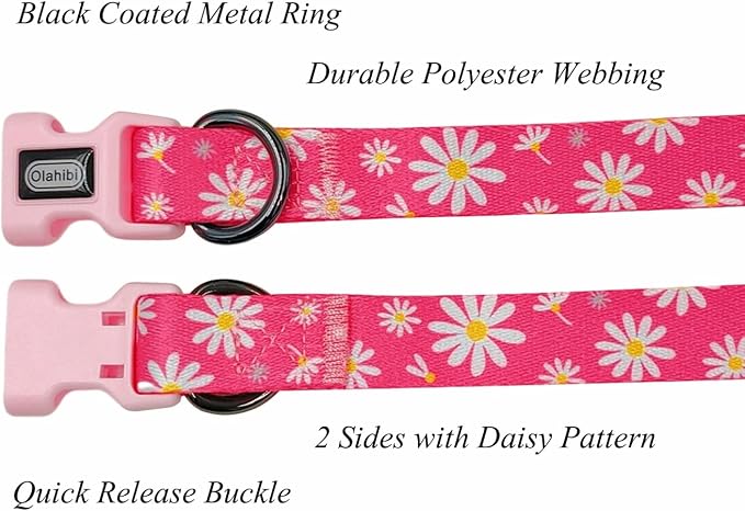Dog Collar Leash Set, Floral Pattern, Polyester Material, Adjustable Collar and 5ft Matching Leash, for Large Dogs.(L, Pink Daisy)