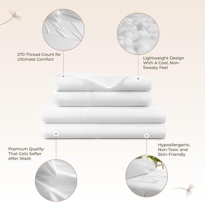 100% Organic Cotton Sheets Full Size - GOTS Certified Cotton Percale Sheets with Crisp Cool & Breathable Percale Weave Perfect for Hot Sleepers - Durable Luxury 4 Piece Set (White, Full)