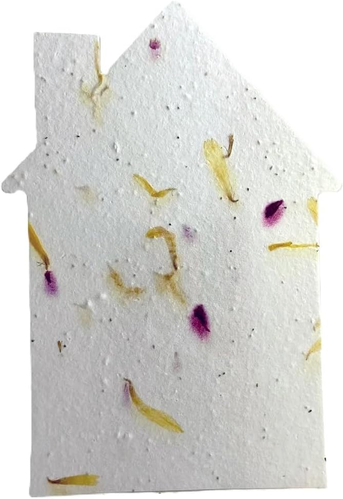 Of The Earth Handmade Paper - Wildflower Seed Paper House Shape Cards - w/Seeds & Petals - 5" x 7" - Set of 8 - Guides & Envelopes Included (61s Marigold & Stock)