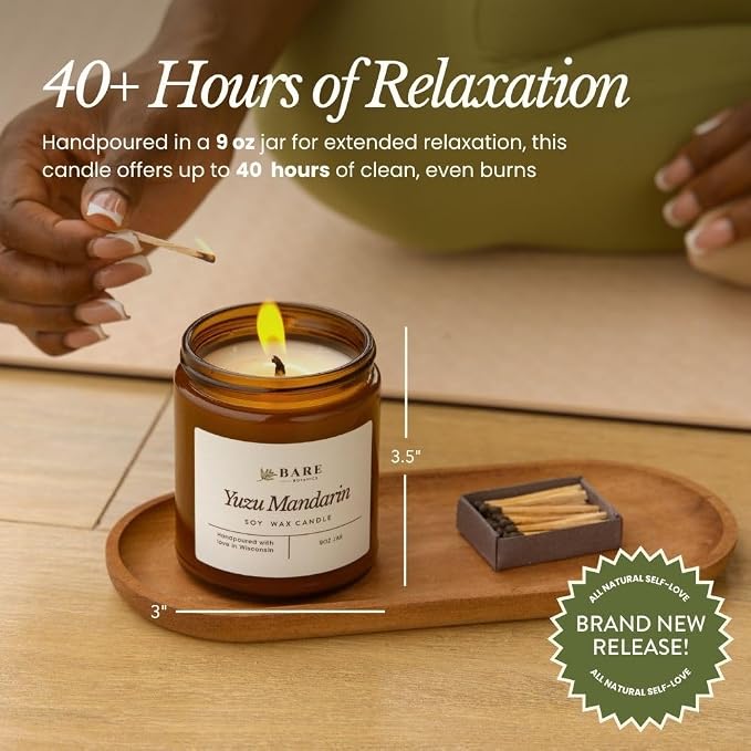 Bare Botanics 9oz Non Toxic Soy Candle Yuzu Mandarin - 40+ Hour Burn | 100% Plant-Based Fragrance Oils | Handpoured in Wisconsin | Clean-Burning Soy Wax