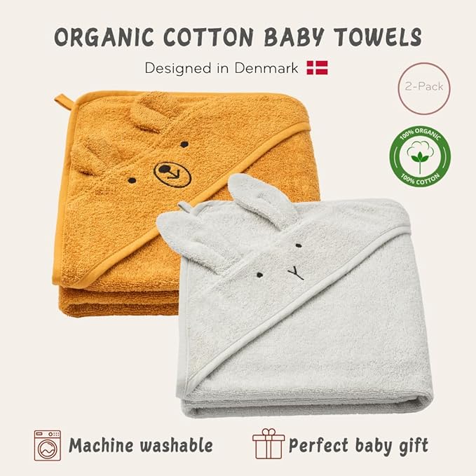 Hooded Baby Towels – 100% Organic Cotton Baby Bath Towels – Baby Boy and Baby Girl Newborn Essentials - Super-Soft and Absorbent. (2-Pack Rabbit Pearl Grey and Bear Yellow)