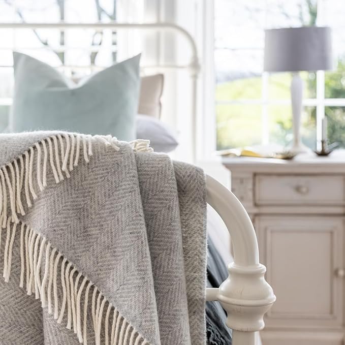Biddy Murphy Irish Merino and Cashmere Wool Throw Blanket, Made in Ireland, Heirloom Quality, 54" x 71", Pale Grey Herringbone Pattern