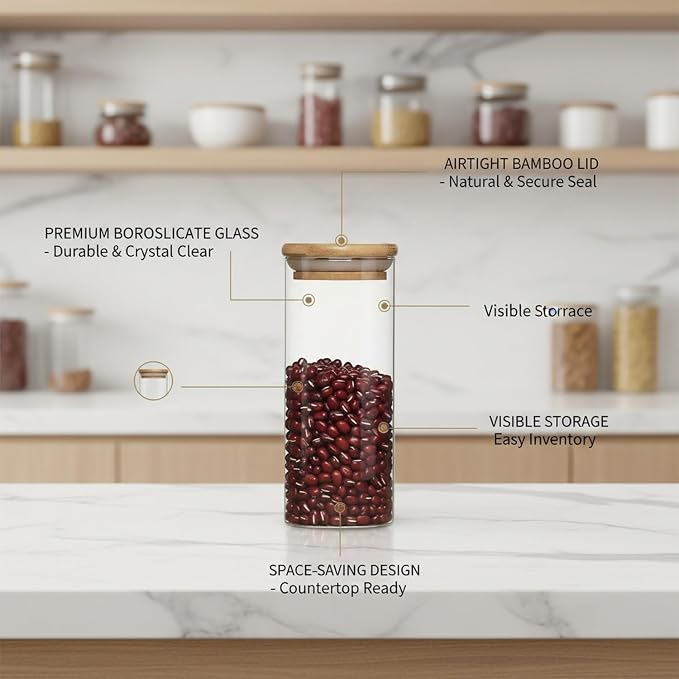 Borosilicate Glass Storage Jar with Bamboo Lid, Airtight Dry Food Canister for Kitchen Pantry & Countertop Organization