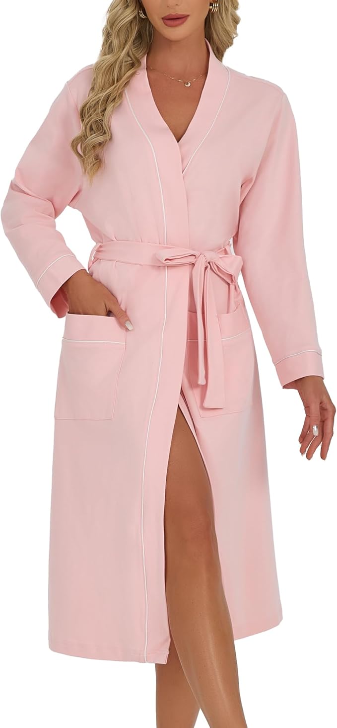 U2SKIIN Womens Organic Cotton Robe, Lightweight Long Kimono Bathrobe for Women, Soft Spa Lounge Sleepwear with Pockets