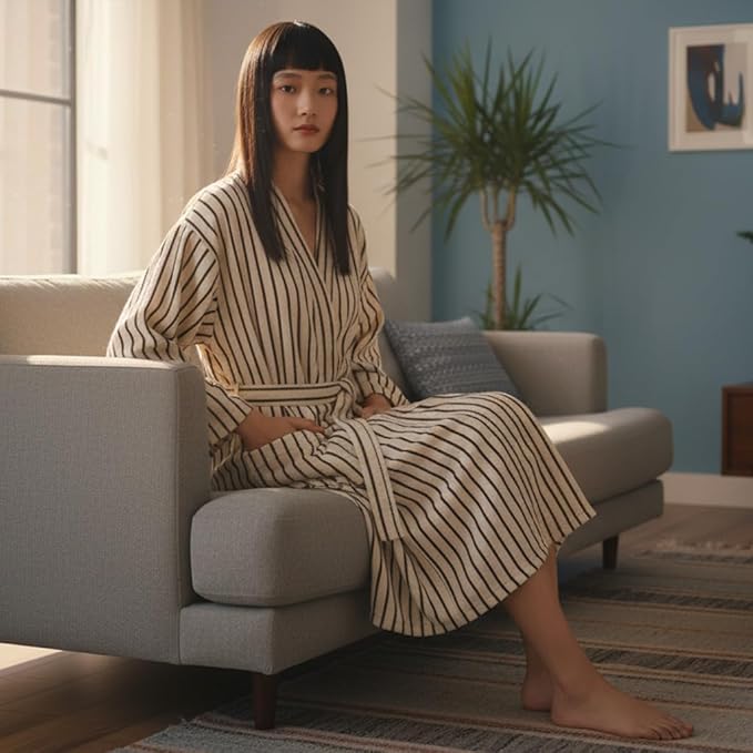 Cotton Terry Stripe Bathrobe For Women And Men,Luxury Kimono Soft Terry Cloth Robe,Comfortable Loungewear Nightwear
