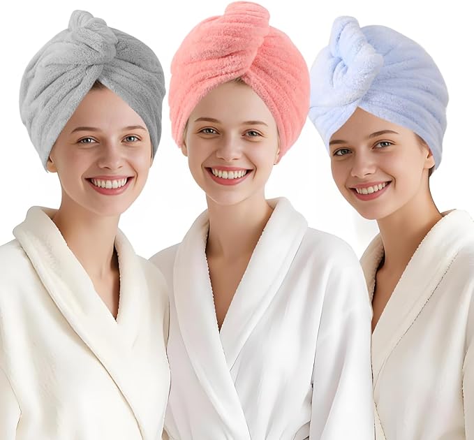 3 Packs Single Layer Microfiber Hair Drying Towel Wrap for Women, Hair Turbans Towel for Wet Hair,turbie Twist Hair Towels（Gray Color + Pink Color + Light Blue Color