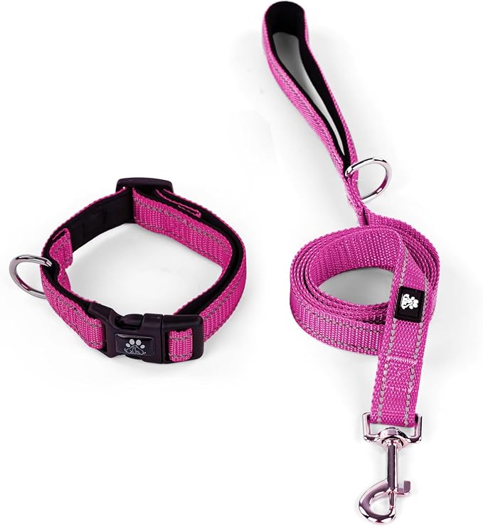 IVY&LANE Reflective Dog Collar and Leash Set,Adjustable Neoprene Padded Dog Collars, Breathable Nylon Pet Collar for Small Medium Large Dogs (Medium,Fuchsia Pink)
