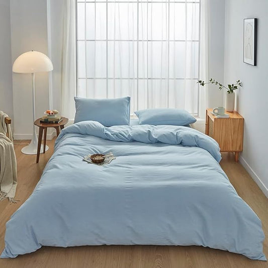 FACE TWO FACE Bedding Duvet Cover Set100% Washed Cotton Duvet Cover Linen Like Textured Breathable Durable Soft Comfy (California King,Light Cyan)