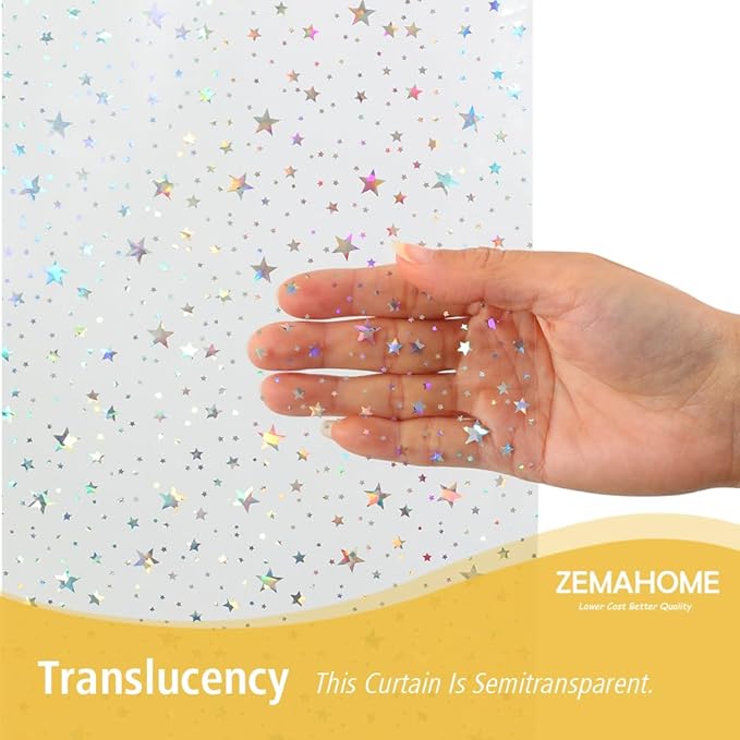 ZEMAHOME Holographic Thin 3D EVA Shower Curtain Liner Glitter Star, 72x72 Premium Light Weight Clear Plastic Bathroom Shower Curtain with Rustproof Metal Grommets for Shower Stall, Bathtubs(No Hooks)