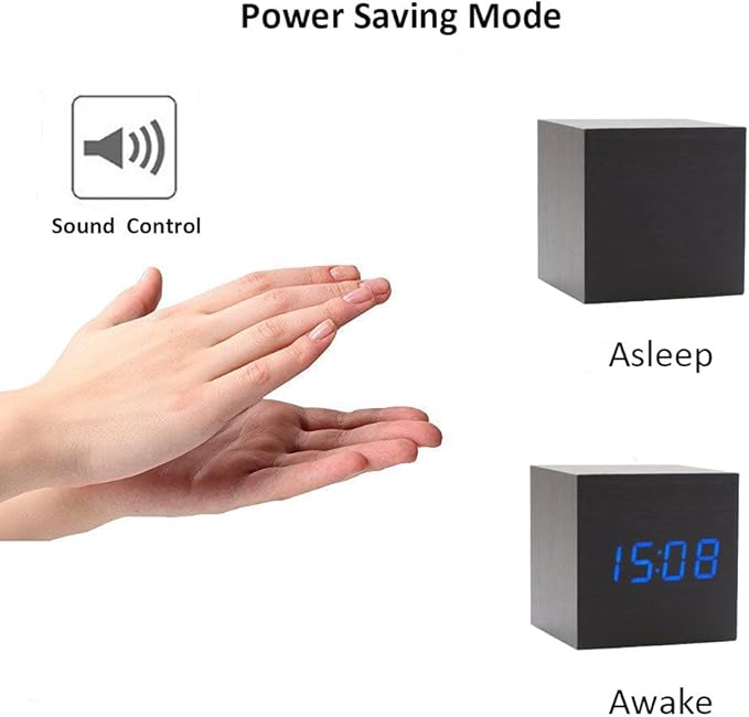 Onerbuy Wooden Digital Cube Alarm Clock Touch Sound Activated Desk Clock Portable Travel Clock with LCD Display for Time, Temperature, Calendar, 3 Alarm Settings (Black)