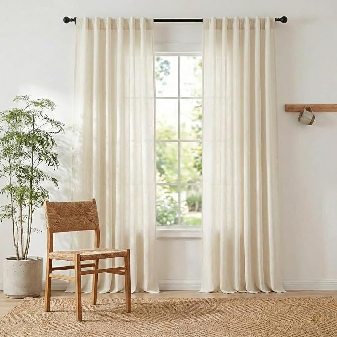 NICETOWN Natural Thick Linen 144 inch Curtains Extra Long, Pinch Pleated/Rod Pocket/Back Tab Privacy Added Window Drapes with Light Filtering for Living Room, W52 x L144, 2 Panels