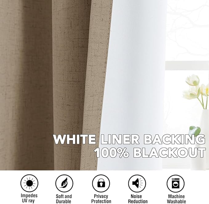 H.VERSAILTEX Linen Curtains 100% Blackout Curtains for Bedroom 90 inch Long Full Light Blocking Nature Linen Blended Window Curtains for Living Room Nickel Grommet (2 Panels, Heathered Macchiato)