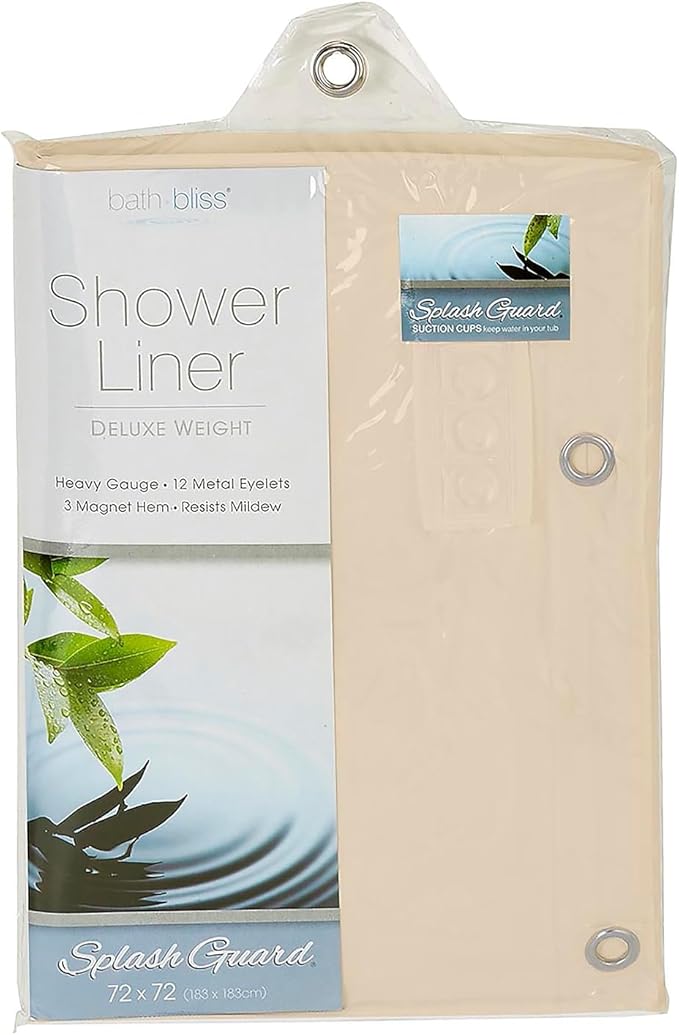 Bath Bliss PVC Heavy Weight Shower Curtain Liner with Suction Cup Splash Guard | 4G | 70" x 72" | Rust Resistant Copper Grommets | Magnetic Hem | Beige