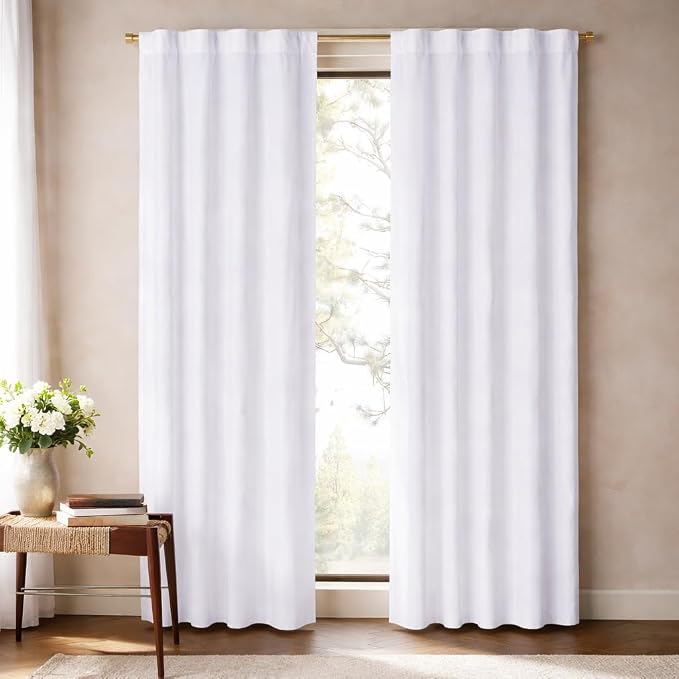 Bedding Craft White Curtains 72 Inch Length Set of 2 – Poly Cotton Slub Tab Top Curtains 50x72 Inch, Light Filtering Window Drapes for Bedroom, Living Room, Farmhouse, Modern Home & Office Decor