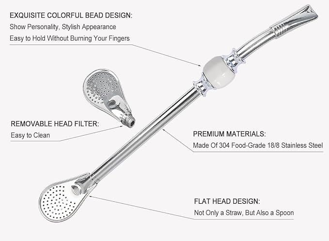 Premium Yerba Mate Straws - Reusable Stainless Steel Bombilla Straw with Colorful Beads - Set with Removable Head Filter