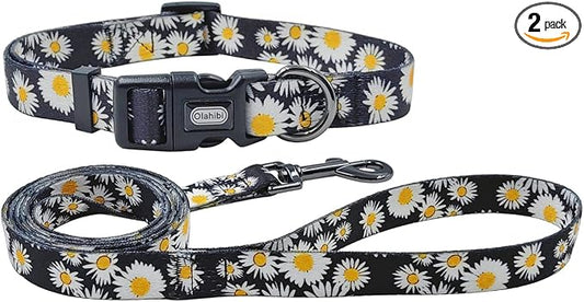 Dog Collar and Leash Set, Cute Daisy Pattern, Polyester Material, 5ft Leash, for Small Dogs.(Small,Black Daisy)