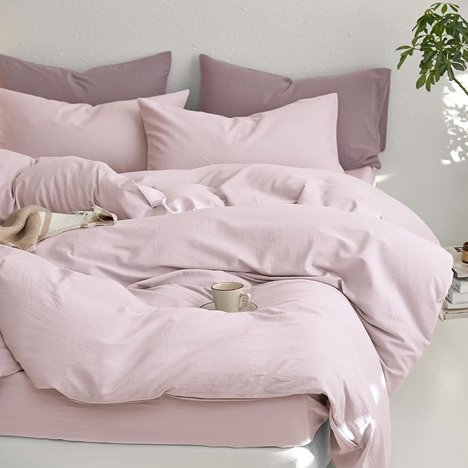 MooMee Queen Duvet Cover Set, 100% Washed Cotton Linen Like Twill Thick Sturdy Material Super Soft Breathable Durable Bedding for All Season, 3 Pieces (Greyish Pink, Queen 90"x90")