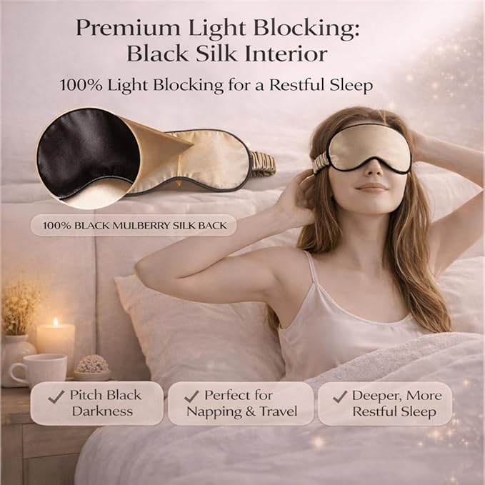 100% Mulberry Silk Sleep Mask for Women/Men Airplane Travel, Pure 22 Momme Silk Eye Mask Blackout for Sleeping, Ajustable, Luxury, Anti Wrinkle, Anti Aging Silk Blindfold, Made in USA (Taupe)