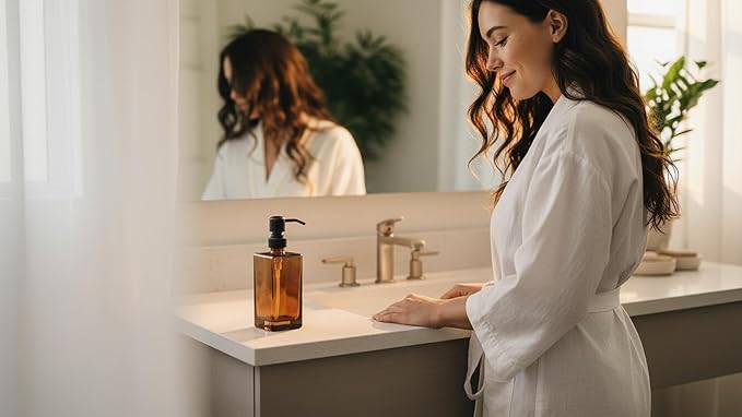 13.5 Oz Coffee Glass Soap Dispenser with Rust Proof Stainless Steel Pump, Antique Design Refillable Square Lotion Dispenser for Bathroom, Premium Kitchen Hand Soap (Oil Rubbed Bronze)