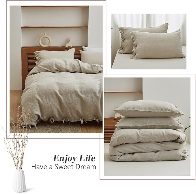 Simple&Opulence 100% Linen Duvet Cover Set 3pcs with Bowknot Ties Closure Natural French Washed Flax Solid Color Soft Breathable Farmhouse Bedding - Linen, King Size