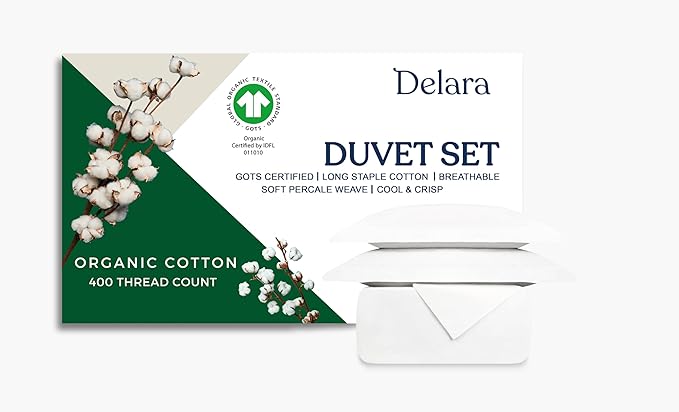 GOTS Certified 100% Organic Cotton Percale Duvet Cover Set 400TC, Ultra Soft, Smooth & Breathable, Duvet for Hot Sleepers with 8 Internal Ties, (White, Twin - 2 Piece with 1 Standard Sham)