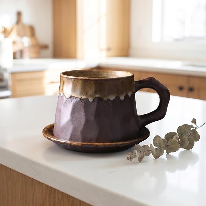 Vintage Faceted Speckled Ceramic Coffee Mug with Saucer, Rustic Stoneware Cup for Tea Latte (YF-CS04)
