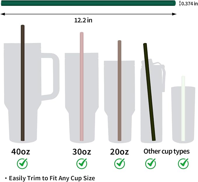 6 Pack Reusable Silicone Straws Compatible with Stanley 40oz 30oz 20oz Tumblers, 12.2" Long x 0.374" Diameter BPA-Free Drinking Straws with 2 Cleaning Brushes, Flexible Cuttable Teeth-Friendly
