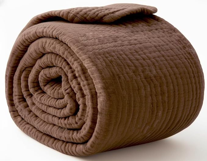 KyraHome 100% Organic Cotton Throw Blankets for Couch, 50" x60“, Pre-Washed Breathable Lightweight Gauze Muslin Blankets for Adults, Napping, Picnic, All-Season, Brown