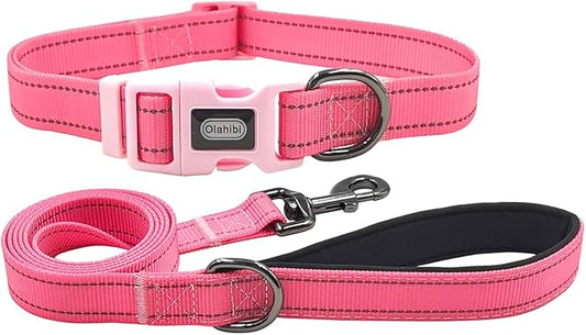 Dog Collar Leash Set, Durable Polyester with Safety Reflective Strips, 5 ft Matching Leash, Neoprene Padded Handle, Adjustable 4 Sizes for Small Medium Large Dogs.(M, Pink)