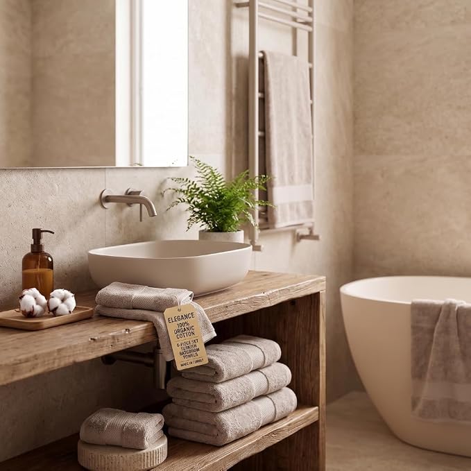 Maisonette Elegance 100% Organic Cotton Turkish Bathroom Towels Set, Ideal Quick Dry Luxury Washcloths, Hand & Large Luxury Bath Towels for Shower (6 Pack), Light Brown (Dune)