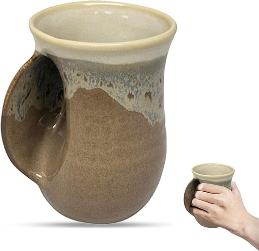 Clay in Motion Hand Warmer Coffee Mug – Handmade Coffee Mug With Comfortable Handle Contoured Pocket Hand Warming Ceramic Coffee Mug – Proudly Made in USA – Left Handed – 14 Oz - Desert Sand