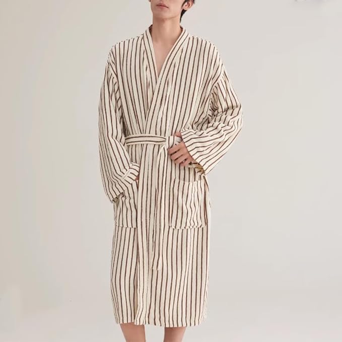 Cotton Terry Stripe Bathrobe For Women And Men,Luxury Kimono Soft Terry Cloth Robe,Comfortable Loungewear Nightwear