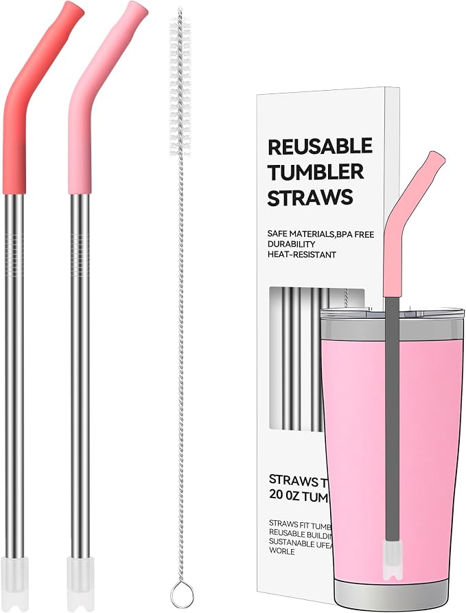 2 PCS 20 oz Straight Metal Straws with Silicone Tip for Tumbler | Long Drinking Replacement Straw for YETI, STANLEY, US Acrylio, BJPKPK, Simple Modern and so on