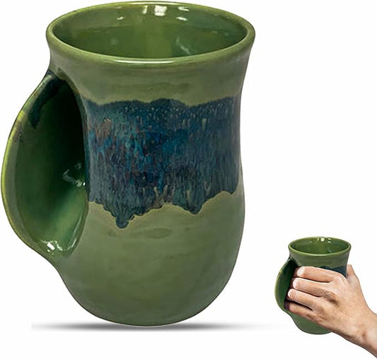 Clay in Motion Hand Warmer Coffee Mug – Handmade Coffee Mug With Comfortable Handle Contoured Pocket Hand Warming Ceramic Coffee Mug – Proudly Made in USA – Left Handed – 14 Oz - Misty Green