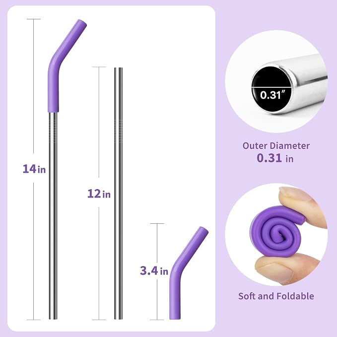 40 oz Metal Straw for Stanley Cup,Simple Modern, Meoky Tumbler, 5 Pcs Reusable Stainless Steel Straws with Silicone Tip, Replacement Straws for 40oz Tumblers, Cleaning Brush, 1 Portable Bag