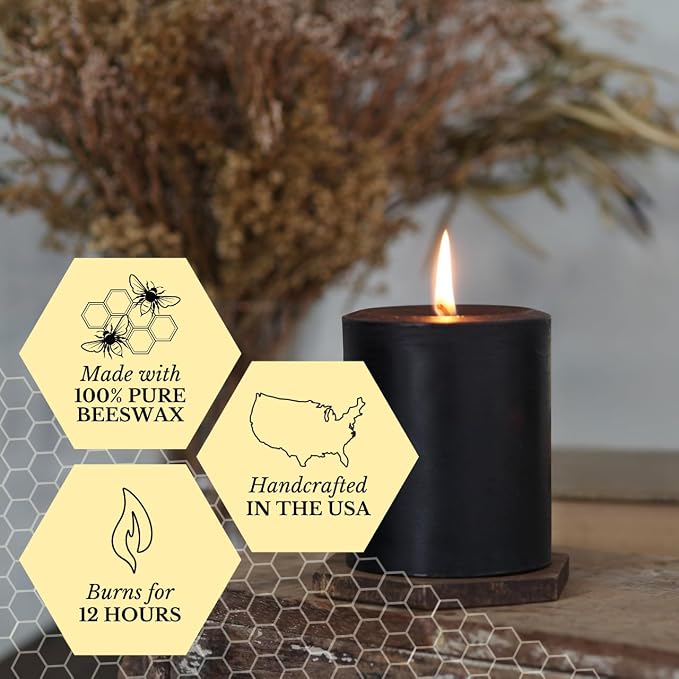 Big Dipper Wax Works Black Pillar Candle, 40-Hour Long Burn, Pure Beeswax Candle, 2" x 4.75”