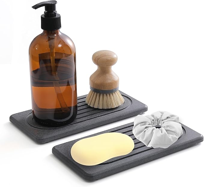 2 PCS Water Absorbing Stone Tray, Quick Drying Diatomite Sink Tray, Non-Slip Drying Mat for Bathroom Vanity & Kitchen Counter, Soap Dispenser Sponge Holder Organizer, White 8.3x4 Inch (Black)
