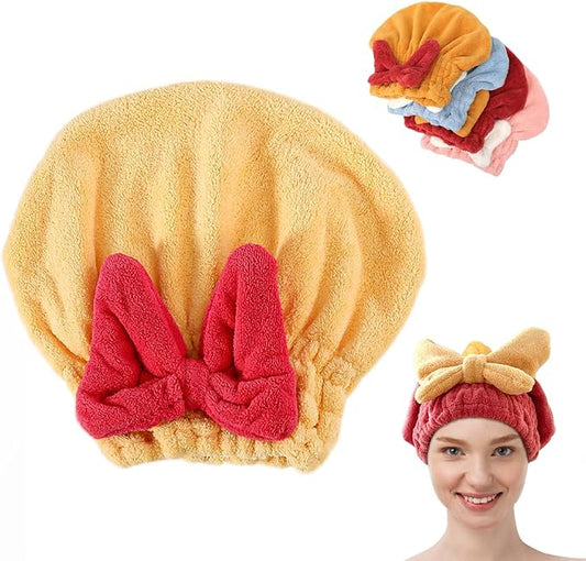 Super Absorbent Hair Towel Wrap for Wet Hair, 2026 New Microfiber Hair Towel Wrap Women Quick-Drying Hair Towels, Soft Bow Tie Wet Hair Towels Wrap for Women Accessories (Yellow, 10.7inch)