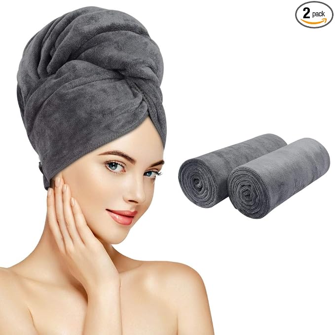 SUNLAND Microfiber Hair Towels Anti Frizz Hair Drying Towel Super Absorbent Fast Drying Turbans for Wet Curly Hair Soft Hair Towel Wrap with Elastic Band for All Hair Types 40 X 20 inches 2Pack Grey