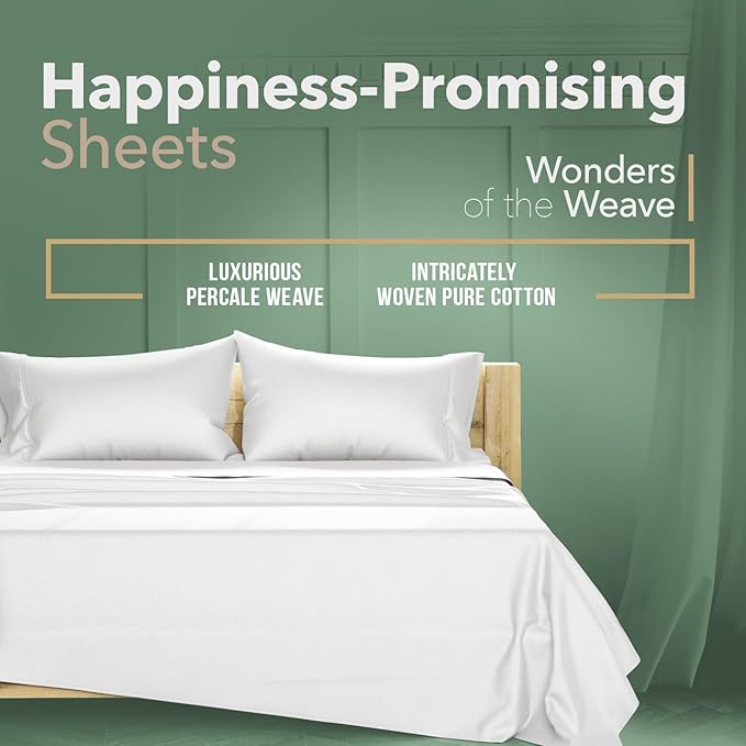 TEXAS LINEN CO. 100% Organic Cotton Percale Sheets Queen Size Pack or 2 - Soft & Crisp Organic Cotton Sheets Queen Size (8 PC, White), 16" Deep Pocket Percale Weve Bed Sheet Set - GOTS Certified