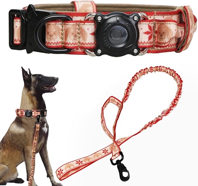 Christmas Tactical Dog Collar and Leash Set with Airtag Holder Waterproof Dog Airtag Collar with Handle Adjustable Heavy Duty Dog Collar Leash Set(Christmas Red，XL