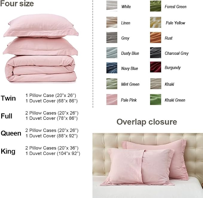 Simple&Opulence French Linen Duvet Cover Set 78" x 86"- 3 Pieces (1 Comforter Cover,2 Pillowcases)- Natural Flax Cotton Blend-Solid Color Breathable Farmhouse Bedding- Pale Pink, Full