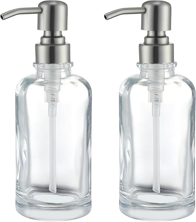 Clear Glass Soap Dispenser with Brushed Nickel Pump 2 Pack, 2 X 11 OZ Liquid Soap Dispenser Cylindrical with Stainless Steel Pump for Dish Hand Soap Bathroom Kitchen Vanity Countertop