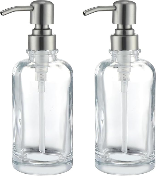Clear Glass Soap Dispenser with Brushed Nickel Pump 2 Pack, 2 X 11 OZ Liquid Soap Dispenser Cylindrical with Stainless Steel Pump for Dish Hand Soap Bathroom Kitchen Vanity Countertop