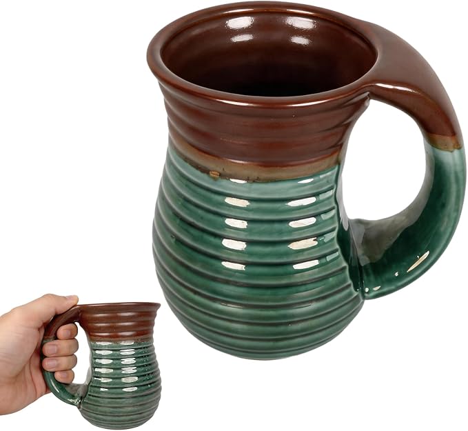 18oz Hand Warmer Ceramic Mug, Handmade Coffee Mug with Contoured Comfort Handle, Microwave Dishwasher Safe for Office Home Daily Use (Green/Brown)