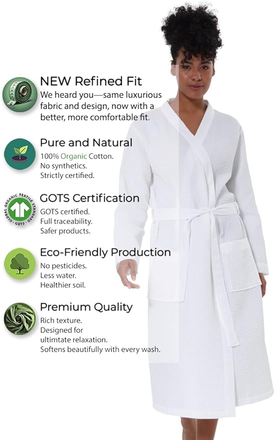 SEYANTE Women's Organic Cotton Waffle Kimono, Hooded Robe – GOTS Certified Lightweight Full-Length Spa Bathrobe with Piping