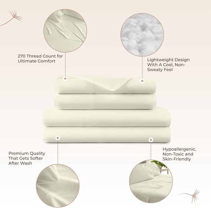 100% Organic Cotton Sheets Twin Size - GOTS Certified Cotton Percale Sheets with Crisp Cool & Breathable Percale Weave Perfect for Hot Sleepers - Durable Luxury 4 Piece Set (Cream, Twin)