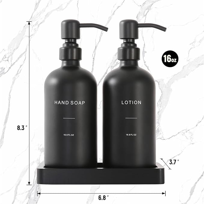 Liquid Dispenser Soap Dispenser Set Glass with Stainless Steel Pump Countertop Soap Bottle(Black Pump+Black Bottle)