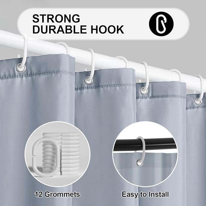 timecity Grey Shower Curtain Liner Plastic Bath Curtain with 3 Magnets Thickened Water Proof Quick Drying Shower Curtain Set with 12 White Hooks Plastic Shower Liner for Bathroom Shower,71x71inch